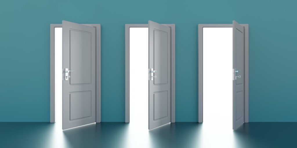 Access to GPs illustrated by Three opened doors on turquoise wall background. Business, life opportunity, bright exit. Interior architecture design. 3d render