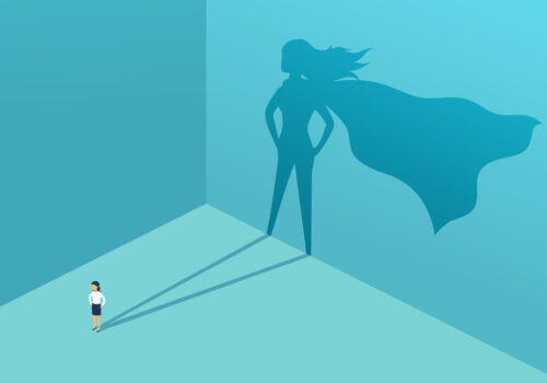 Businesswoman with shadow superhero. Super manager leader in business. Concept of success, quality of leadership, trust, emancipation. Vector illustration