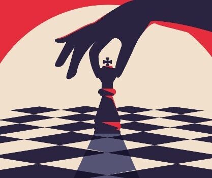 Banner template with hand holding chess piece